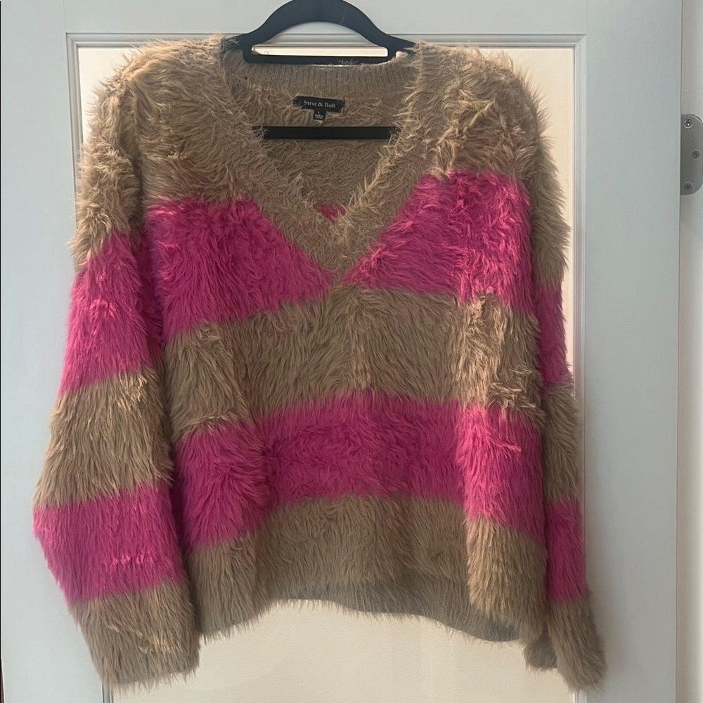 Soft and Fuzzy Pink and Tan V-Neck Sweater